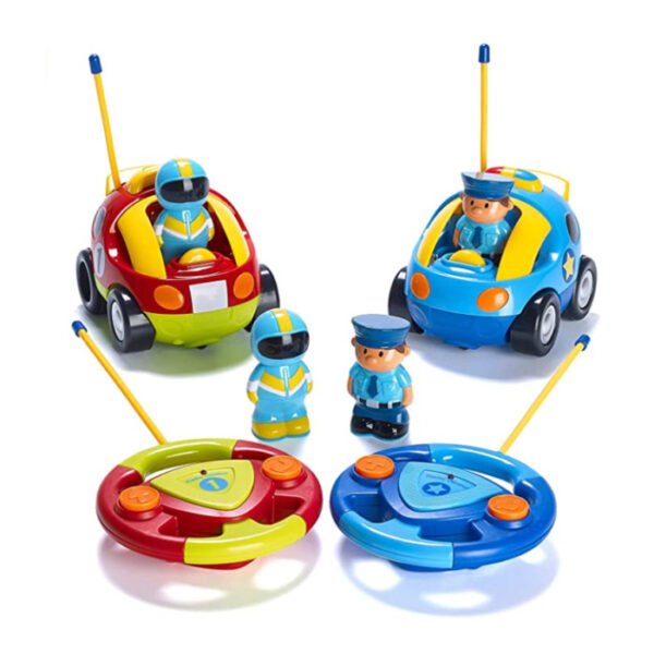 2 Pack Cartoon Remote Control Cars – Police Car and Race Car – Radio Control Toys for Kids, Boys, & Girls – Each with Different Frequencies So Both Can Race Together – Gifts for Toddler Boys Ages 2-4